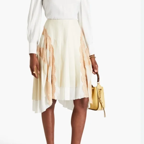 Chloé Silk Chiffon Lace Trim Pleated Midi Skirt – NWT, Size FR 38 Ivory - Picture 3 of 16